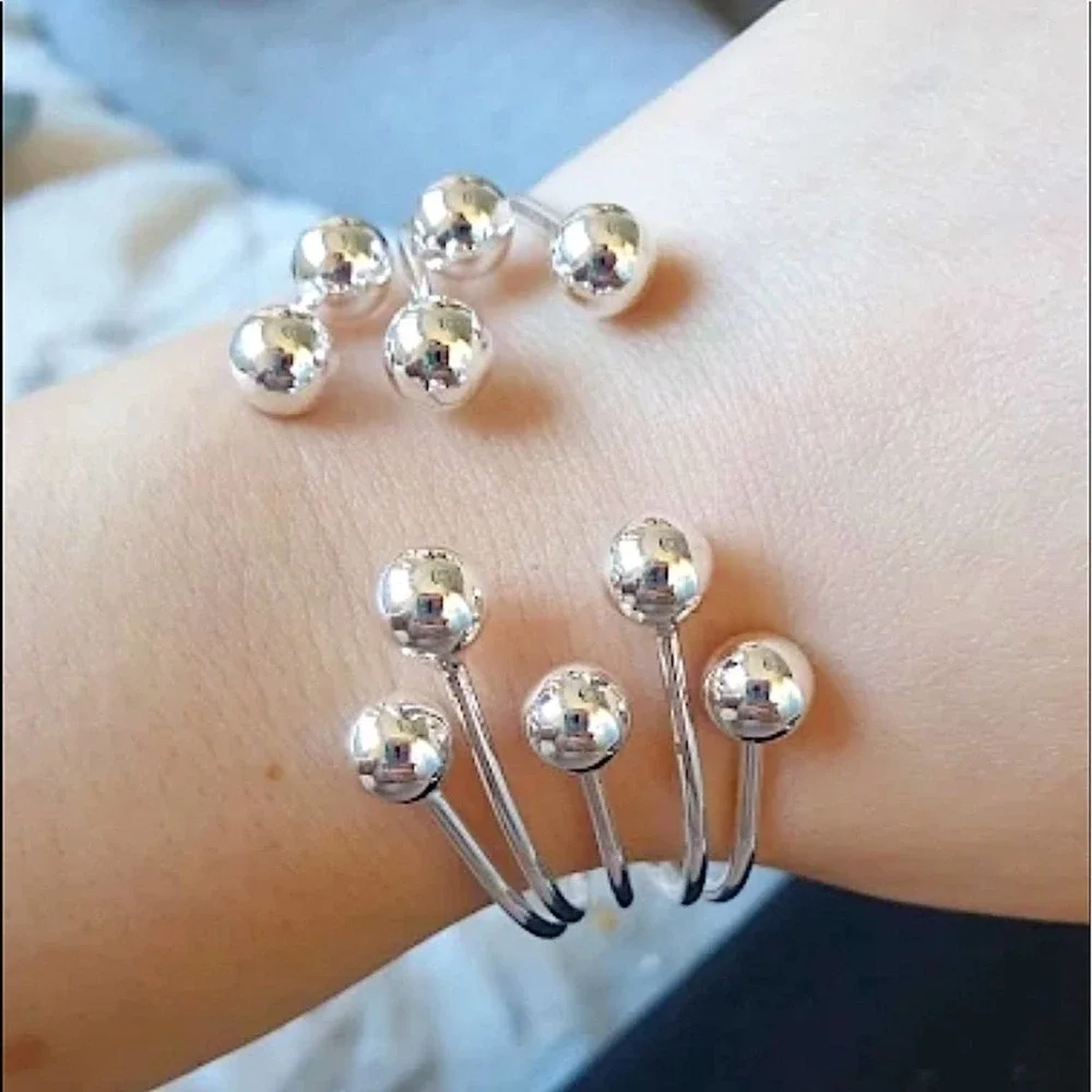 Sterling Silver Beaded Ball Bracelet Cuff Bangle Matching Ring Set